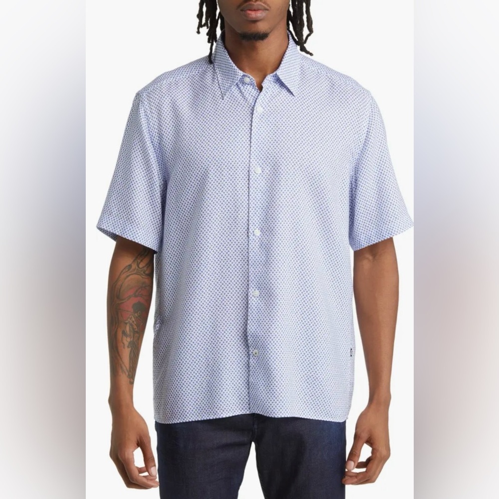 Hugo Boss BOSS Men’s Blue Floral Print Short Sleeve Button Down Shirt Size M Reg